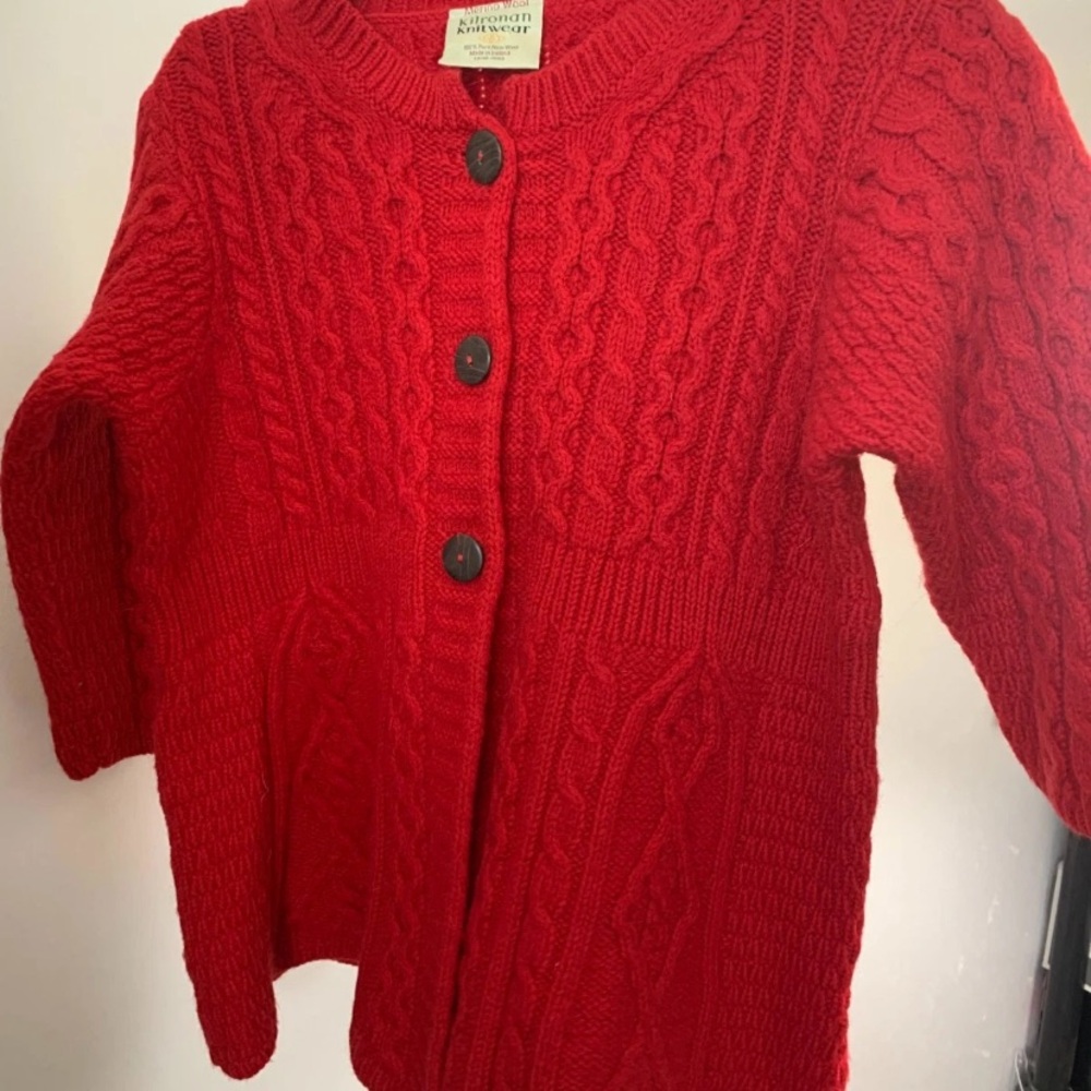 Kilronan Red Cable-Knit Button Cardigan Sweater Small
